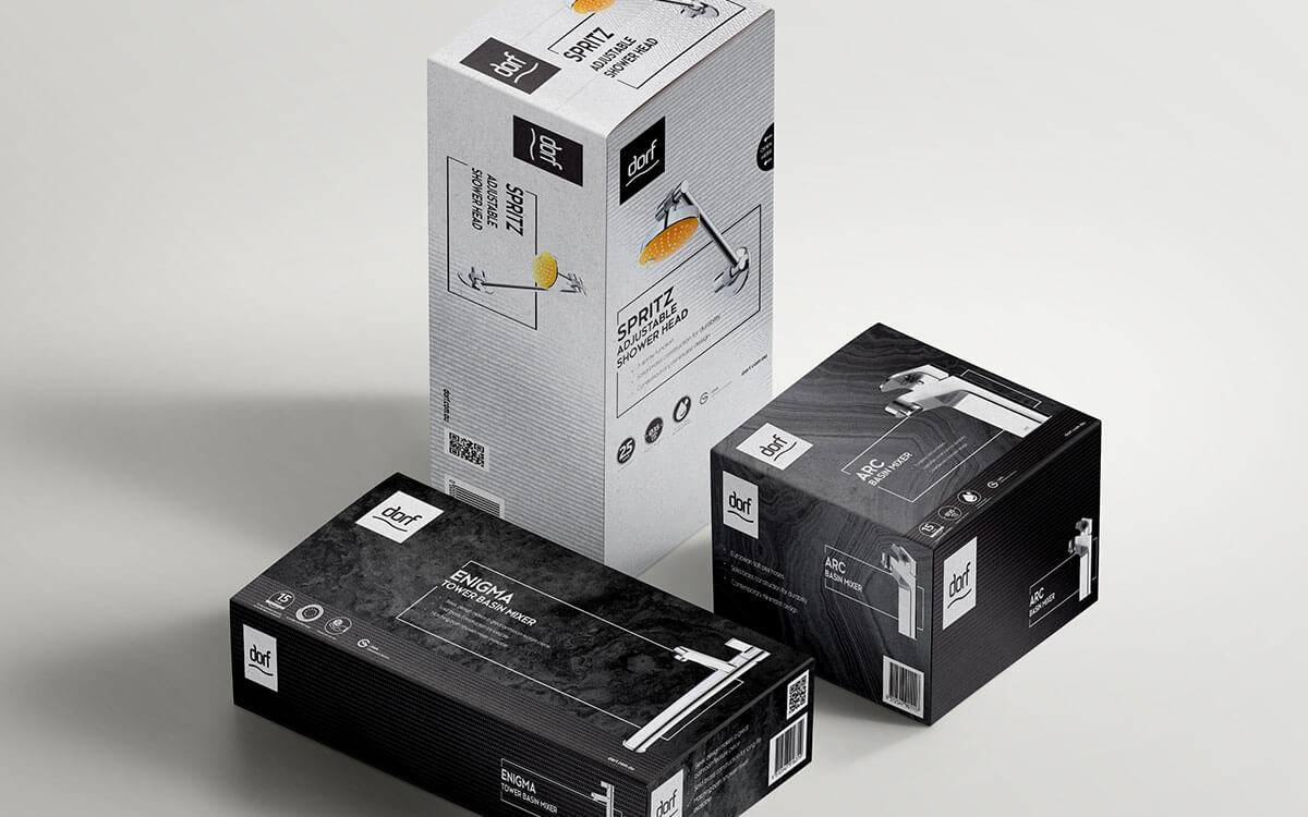 Range of Dorf tap mixer and showerhead packaging box designs