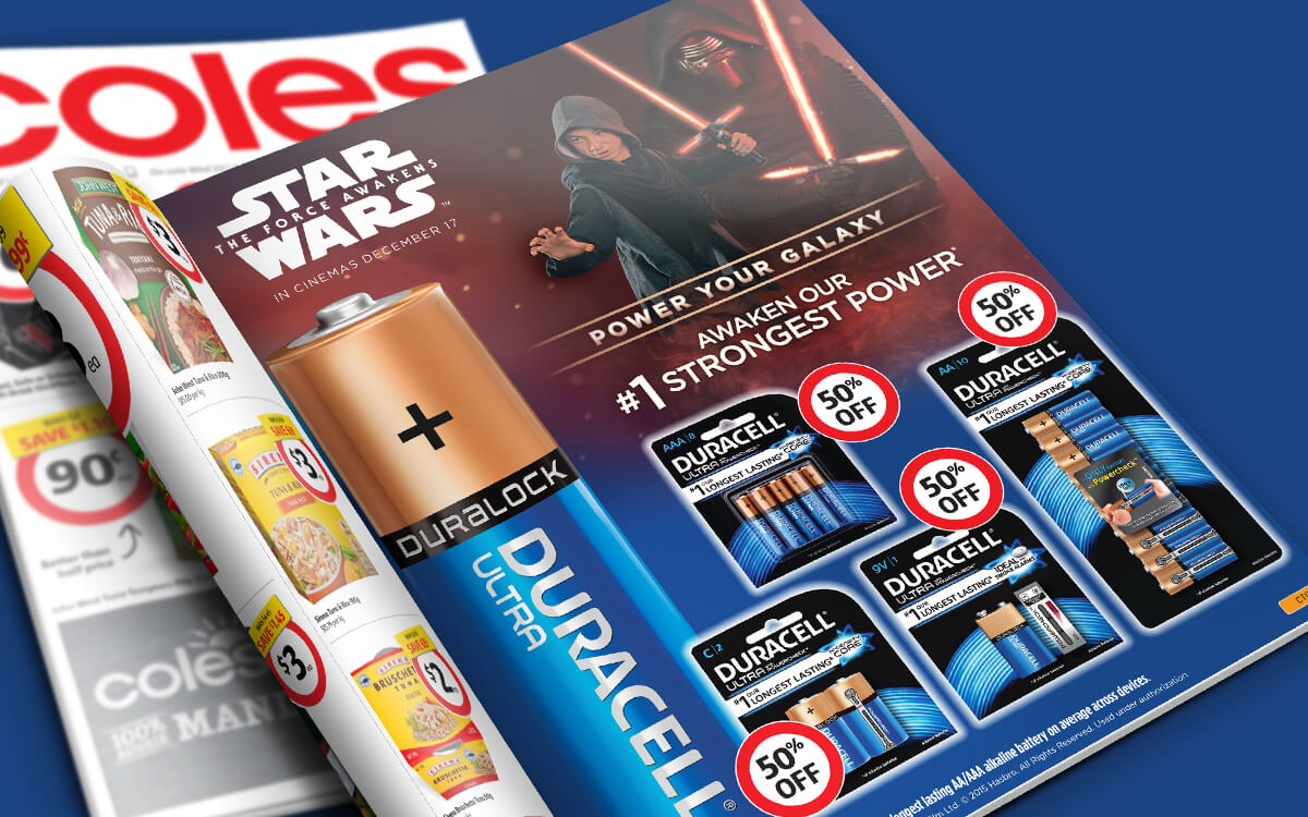 Coles catalogue page with Duracell Star Wars promotion