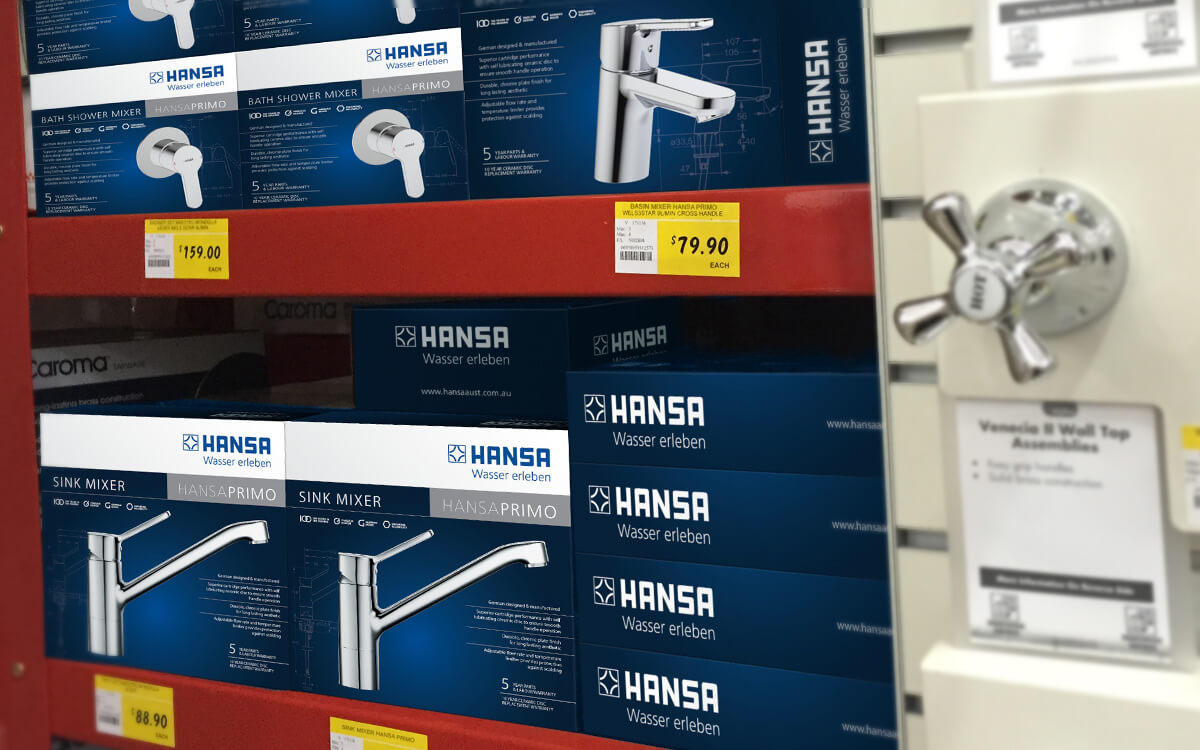 Bunnings store featuring Hansa mixer product boxes