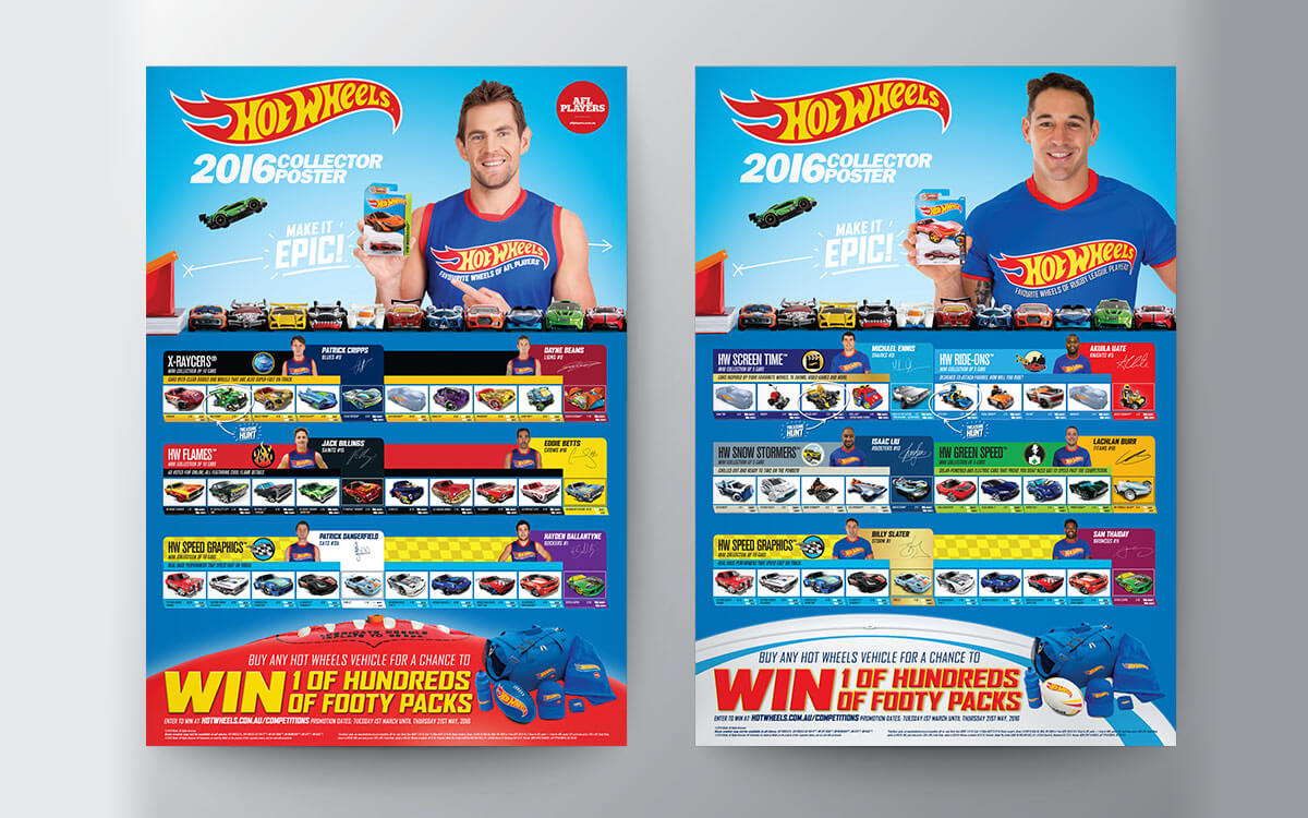 Hot Wheels poster featuring AFLs Luke Hodge and NRLs Billy Slater