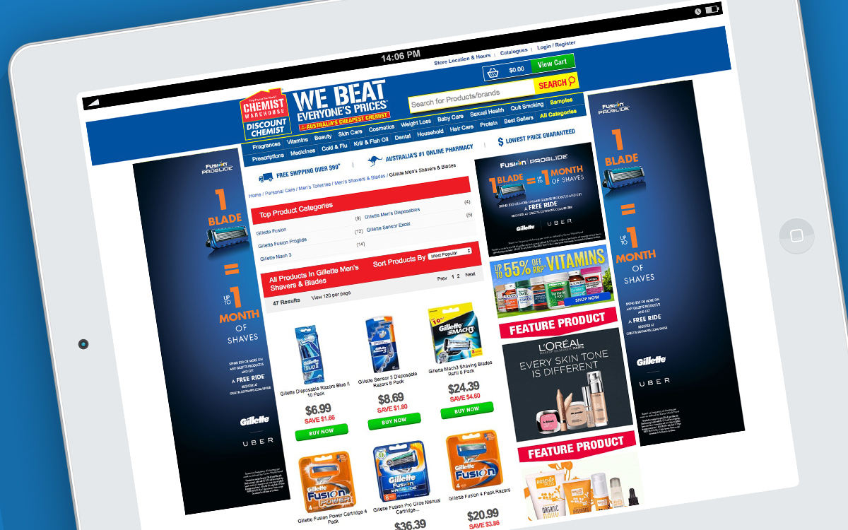 Chemist Warehouse webpage with MREC and feature fins