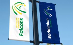 Badminton Australia logo. Australian Badminton Falcons logo. Flags